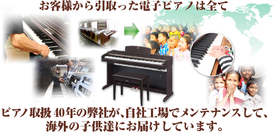ピアノ取扱40年の弊社が、自社工場でメンテナンスして、海外の子供達にお届けしています。